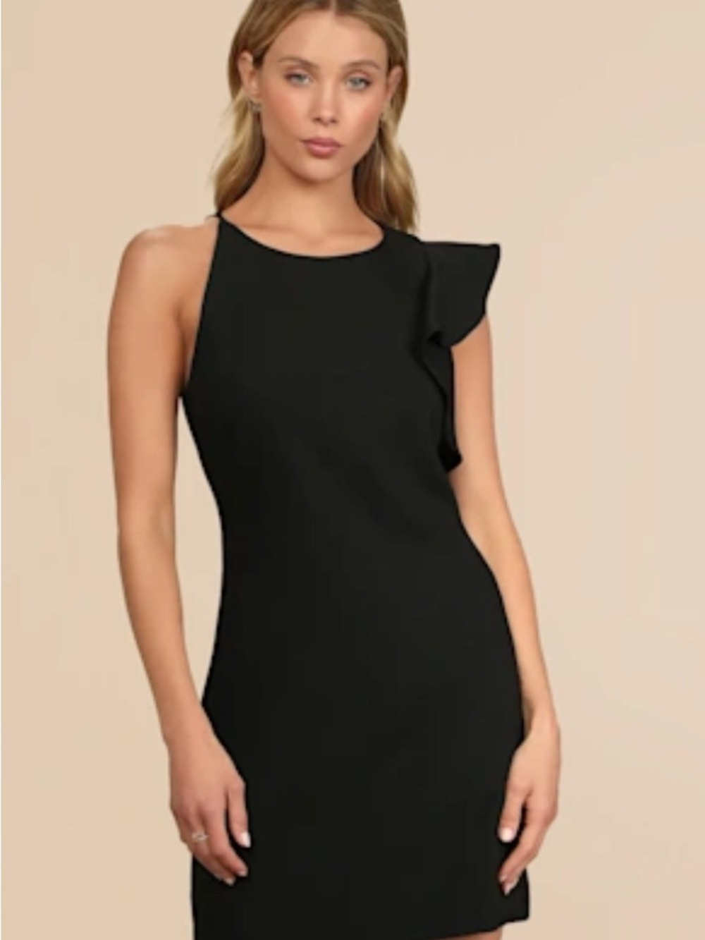 Lulu's Black One-Shoulder Ruffle Sheath Dress